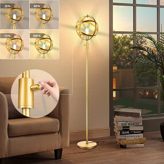 Lightdot 65IN Dimmable (Brightness Adjustable) Industrial Floor Lamp, Gold Spherical Standing Lamp with 3000K E26 LED Bulb, Unique Farmhouse Tall Lamp for Living Room Bedroom Sofa Coner - LeafyLoom