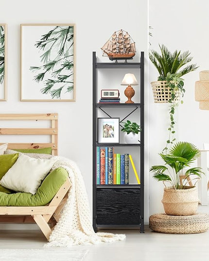 Narrow-Bookshelf-With-Storage-Drawer, 5-Tier Small Standing Book Shelf Organizer For Small Space, Tall Thin Bookcase Shelf For Bedroom Living Room Office, Wooden Shelving Unit Rack For Display - LeafyLoom