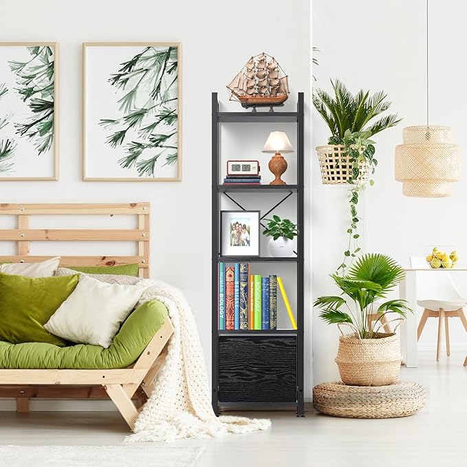 Narrow-Bookshelf-With-Storage-Drawer, 5-Tier Small Standing Book Shelf Organizer For Small Space, Tall Thin Bookcase Shelf For Bedroom Living Room Office, Wooden Shelving Unit Rack For Display - LeafyLoom