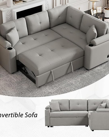 Boucle Upholstered Reversible Sleeper Sectional Sofa with Pull Out Bed , 3 Seater L Shaped Convertible Corner Couch with Cupholders&USB Ports, Power Sockets, Small Pullout Sofabed for Living Room - LeafyLoom
