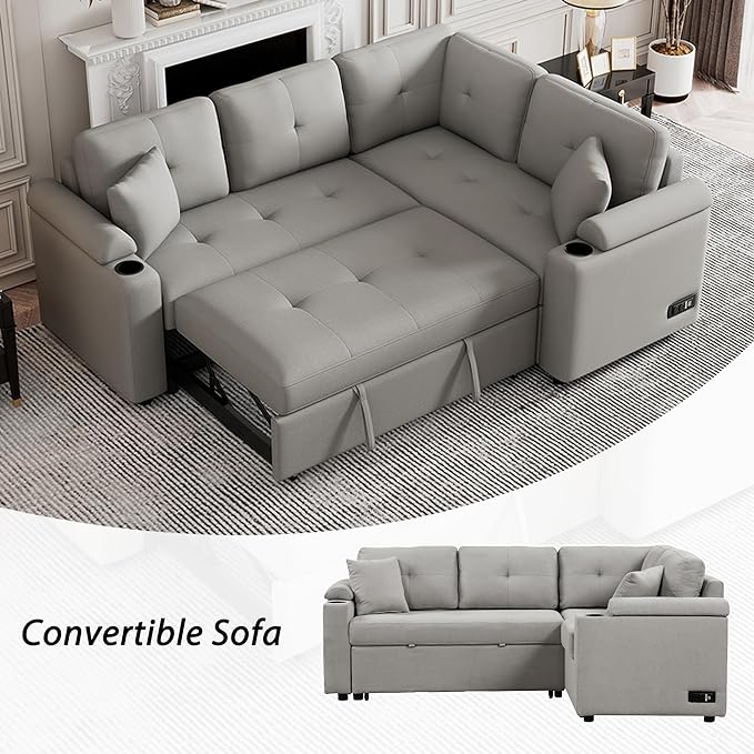 Boucle Upholstered Reversible Sleeper Sectional Sofa with Pull Out Bed , 3 Seater L Shaped Convertible Corner Couch with Cupholders&USB Ports, Power Sockets, Small Pullout Sofabed for Living Room - LeafyLoom