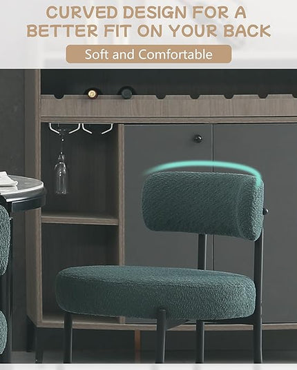 Dark Green Dining Chairs Set of 4 Round Upholstered Boucle Dining Room Chairs Mid-Century Modern Kitchen Chairs Curved Backrest Chairs for Dining Room Black Metal Legs - LeafyLoom