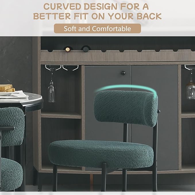 Dark Green Dining Chairs Set of 4 Round Upholstered Boucle Dining Room Chairs Mid-Century Modern Kitchen Chairs Curved Backrest Chairs for Dining Room Black Metal Legs - LeafyLoom