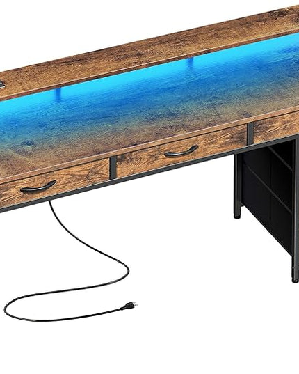 Gaming Desk with 6 Drawers, Computer Desk with LED Lights Power Outlets and Type-C, 54 Inch Office Desk with Storage, Monitor Stand, Writing Desk Work Desk for Home Office, Study, Rustic Brown - LeafyLoom