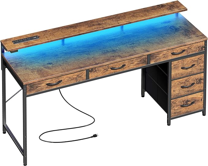 Gaming Desk with 6 Drawers, Computer Desk with LED Lights Power Outlets and Type-C, 54 Inch Office Desk with Storage, Monitor Stand, Writing Desk Work Desk for Home Office, Study, Rustic Brown - LeafyLoom