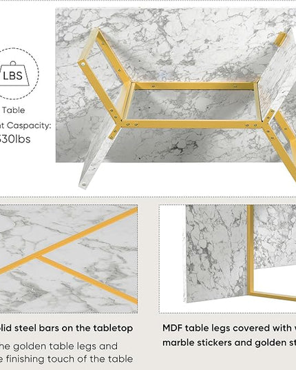60 Inch Dining Table Set for 6, Modern Dining Room Table Set with Artificial Marble Sticker Tabletop and 6 Upholstered Linen Chair with Golden Steel Legs for Living Room, White+Gold - LeafyLoom