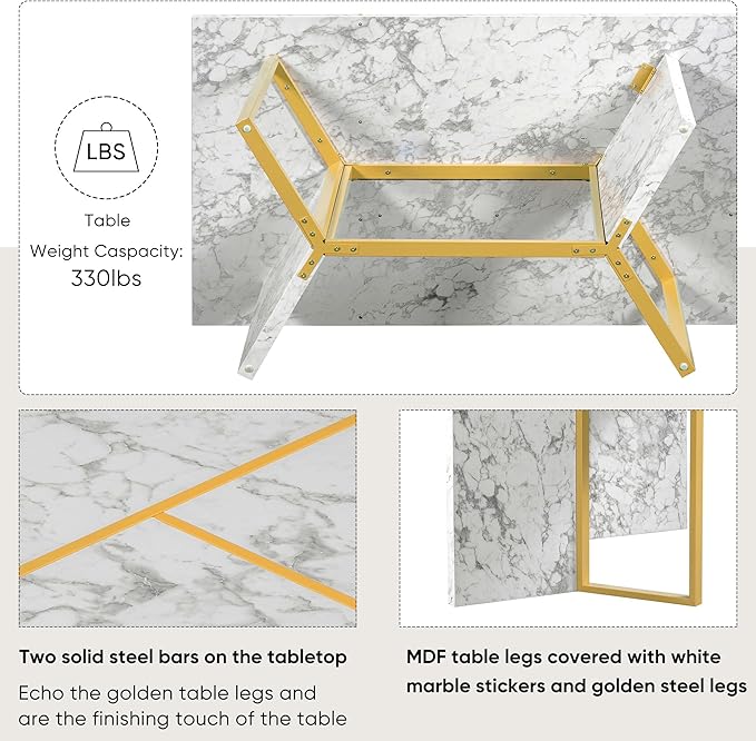 60 Inch Dining Table Set for 6, Modern Dining Room Table Set with Artificial Marble Sticker Tabletop and 6 Upholstered Linen Chair with Golden Steel Legs for Living Room, White+Gold - LeafyLoom