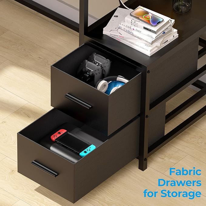 GreenForest Small Desk for Bedroom, 39.4 inch Computer Desk with 2 Drawers, Gaming Desk with LED Light and Power Outlet, Reversible Office Desk with Monitor Stand, Desk for Small Spaces, Black - LeafyLoom