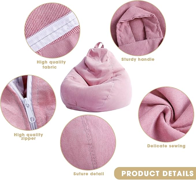 2 Pcs Bean Bag Cover Stuffed Animal Storage Bean Bag Chair Cover Soft Corduroy Stuffed Animal Bean Bag Storage for Kids Adults Indoor Bedroom Organizing Plush Toys(Pink, 100L) - LeafyLoom