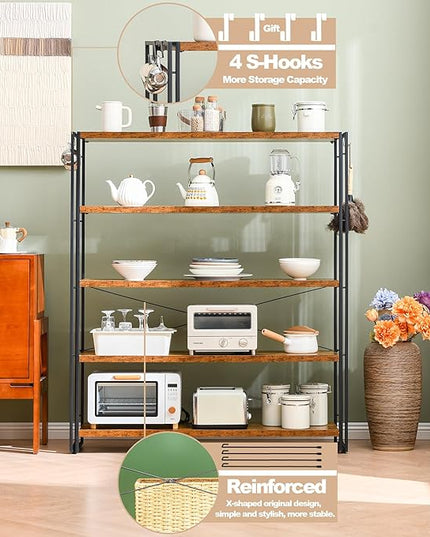 HCHQHS Bookshelf, 5-Tier Industrial Bookcase, Rustic Open Book Shelf, Freestanding Tall Bookshelves with Metal Frame - LeafyLoom