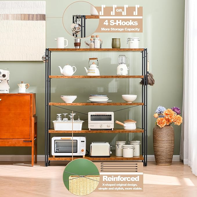 HCHQHS Bookshelf, 5-Tier Industrial Bookcase, Rustic Open Book Shelf, Freestanding Tall Bookshelves with Metal Frame - LeafyLoom