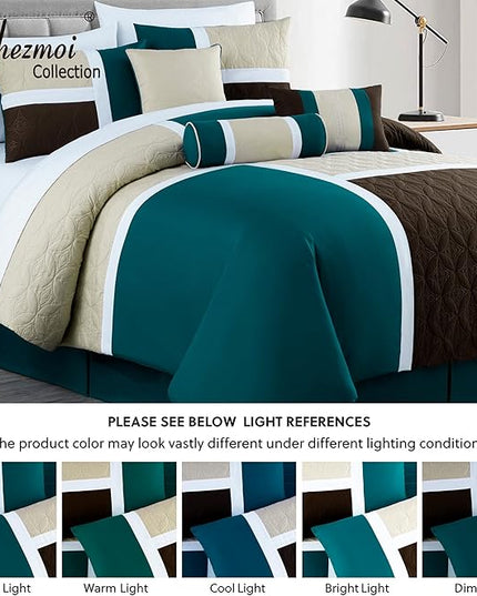 Chezmoi Collection Upland 7-Piece Quilted Patchwork Comforter Set, Teal/Beige/Brown, King - LeafyLoom
