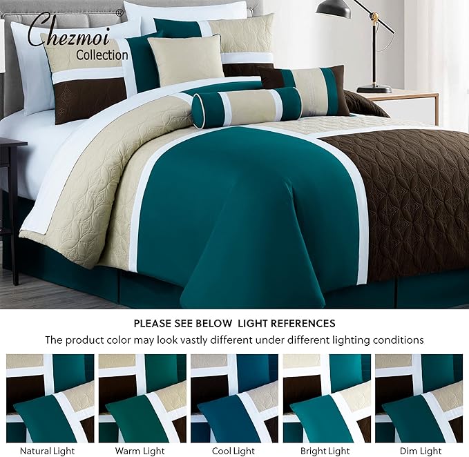 Chezmoi Collection Upland 7-Piece Quilted Patchwork Comforter Set, Teal/Beige/Brown, King - LeafyLoom