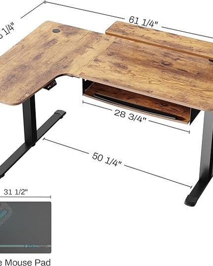 EUREKA ERGONOMIC Standing Desk with Keyboard Tray, Computer Desk, 61" L Shaped Electric Adjustable Height Desk w Monitor Stand LED, Corner Sit Stand Desk Gaming Desk, Dual Motor,Left/Rustic Brown - LeafyLoom