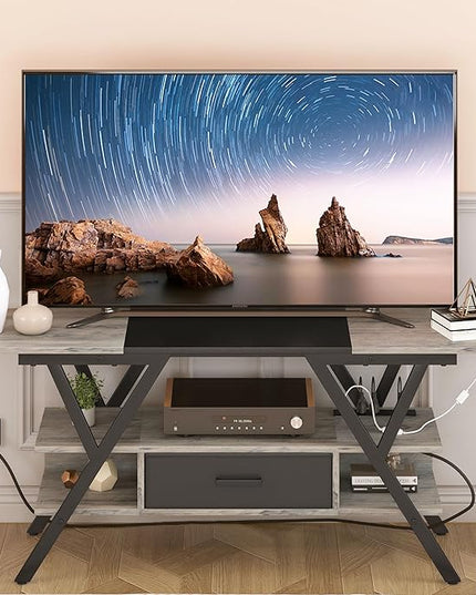 Yusong 65 inch LED TV Stand, Entertainment Center Gaming TV Table with Outlets, Up to 65" Media Console for Living Room, 29+DIY Dynamic RGB Modes, Greige and Black - LeafyLoom