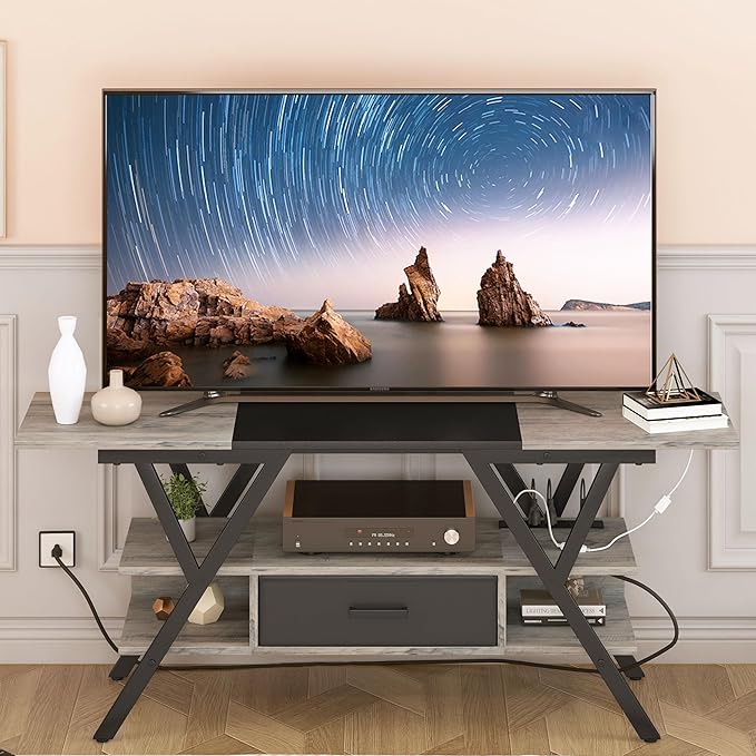 Yusong 65 inch LED TV Stand, Entertainment Center Gaming TV Table with Outlets, Up to 65" Media Console for Living Room, 29+DIY Dynamic RGB Modes, Greige and Black - LeafyLoom