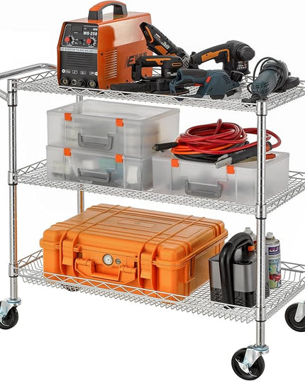 Finnhomy 3 Tier Heavy Duty Commercial Grade Utility Cart, Wire Rolling Cart with Handle Bar, Steel Service Cart with Wheels, Kitchen Carts on Wheels, Metal Cart Shelf Size 18" D x 36" W, NSF, Chrome - LeafyLoom