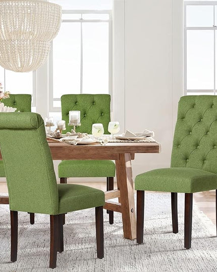 COLAMY Button Tufted Dining Chairs Set of 6, Parsons Upholstered Fabric Dining Room Chairs Kitchen Chairs with Wood Legs and Padded Seat, Green - LeafyLoom