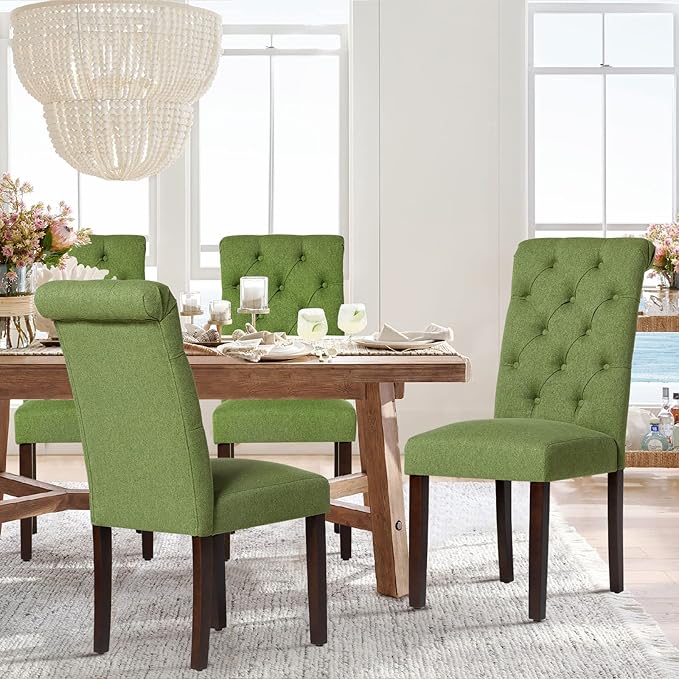 COLAMY Button Tufted Dining Chairs Set of 6, Parsons Upholstered Fabric Dining Room Chairs Kitchen Chairs with Wood Legs and Padded Seat, Green - LeafyLoom