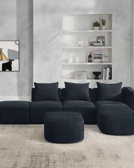 113" L-Shape Sectional Side Chaise and Ottoman, Modular Sofa, DIY Combination, Loop Yarn Fabric for Living Room, Apartment, 113inch, Black Right - LeafyLoom