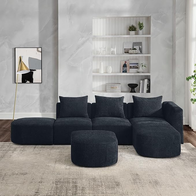 113" L-Shape Sectional Side Chaise and Ottoman, Modular Sofa, DIY Combination, Loop Yarn Fabric for Living Room, Apartment, 113inch, Black Right - LeafyLoom