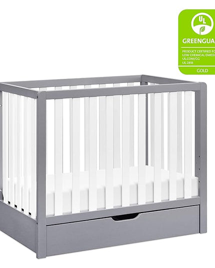 Carter's by DaVinci Colby 4-in-1 Convertible Mini Crib with Trundle Drawer in Grey and White, Greenguard Gold Certified, Undercrib Storage - LeafyLoom