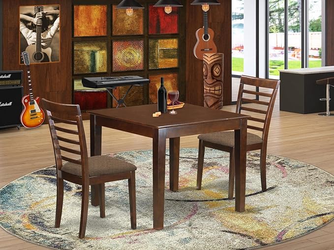 East West Furniture OXML3-MAH-C 3 Piece Set for Small Spaces Contains a Square Dining Room Table and 2 Linen Fabric Upholstered Chairs, 36x36 Inch - LeafyLoom