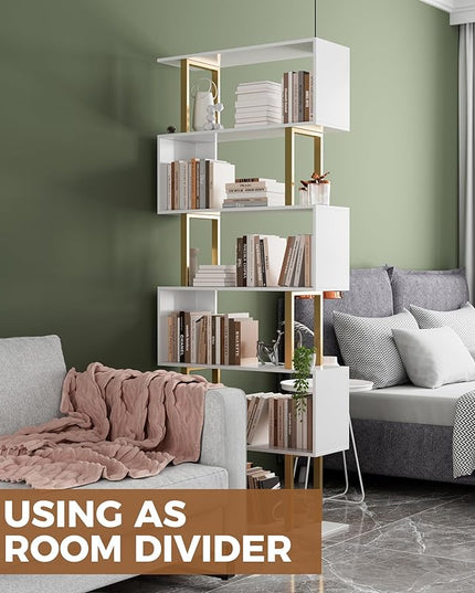 Gadroad 6-Tier Geometric Bookcase,S Shaped Bookshelf, Wood Decorative Storage Shelving, Modern Freestanding Display Shelves, Tall Book Shelf Unit for Living Room Bedroom - LeafyLoom