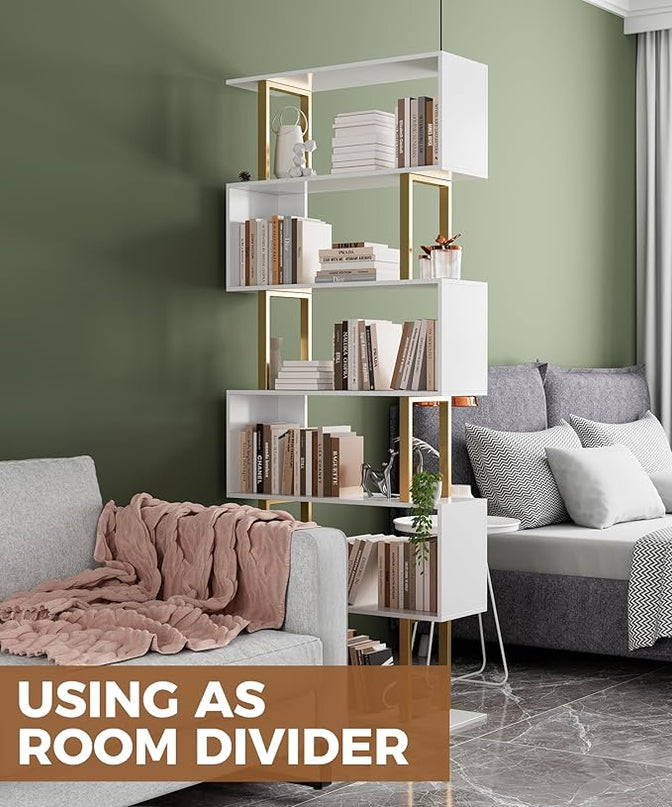 Gadroad 6-Tier Geometric Bookcase,S Shaped Bookshelf, Wood Decorative Storage Shelving, Modern Freestanding Display Shelves, Tall Book Shelf Unit for Living Room Bedroom - LeafyLoom