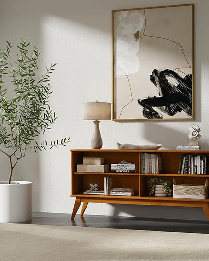 SIMPLIHOME Draper SOLID HARDWOOD 30 inch x 64 inch Mid Century Modern Low Bookcase in Teak Brown for The Living Room, Study Room and Office - LeafyLoom