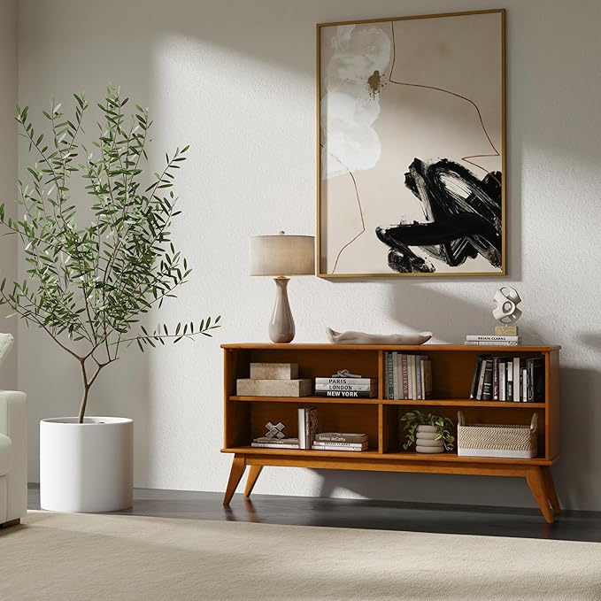 SIMPLIHOME Draper SOLID HARDWOOD 30 inch x 64 inch Mid Century Modern Low Bookcase in Teak Brown for The Living Room, Study Room and Office - LeafyLoom