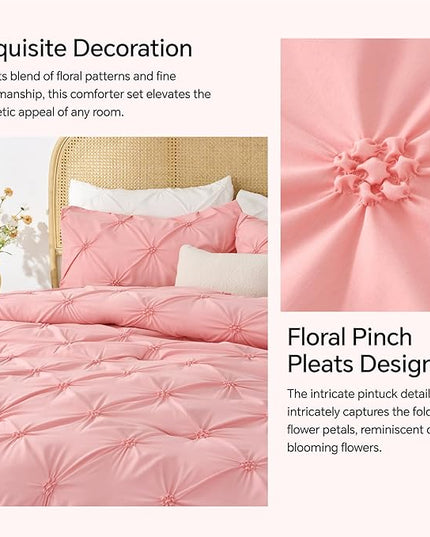 BEDELITE Pink Twin Comforter Set for Girls - 2 Peices Boho Pintuck Bedding Comforter Sets, Lightweight Soft & Warm Twin Bedding Sets with 1 Pillowcase for All Season - LeafyLoom
