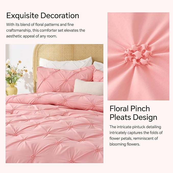 BEDELITE Pink Twin Comforter Set for Girls - 2 Peices Boho Pintuck Bedding Comforter Sets, Lightweight Soft & Warm Twin Bedding Sets with 1 Pillowcase for All Season - LeafyLoom