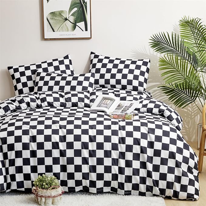 Black White Grid Comforter Set Full Black Plaid Bedding Set Girls Black and White Checkered Bed Comforter Set Breathable Blanket Set Kids Durable Bedding Comforter Set - LeafyLoom