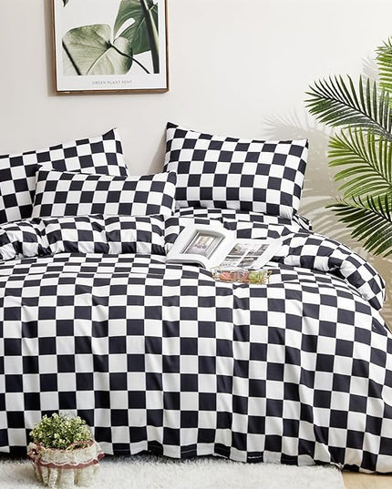 Black White Grid Comforter Set King Black Plaid Bedding Set Women Black and White Checkered Bed Comforter Set Breathable Blanket Set Men Durable Bedding Comforter Set - LeafyLoom