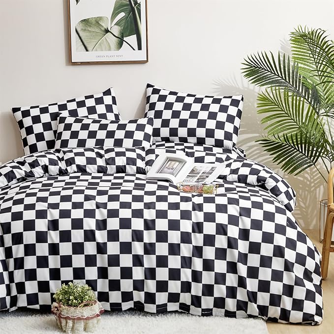 Black White Grid Comforter Set King Black Plaid Bedding Set Women Black and White Checkered Bed Comforter Set Breathable Blanket Set Men Durable Bedding Comforter Set - LeafyLoom