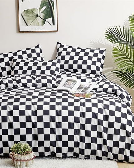Black White Grid Comforter Set Twin Black Plaid Bedding Set Girls Black and White Checkered Bed Comforter Set Breathable Blanket Set Kids Durable Bedding Comforter Set - LeafyLoom
