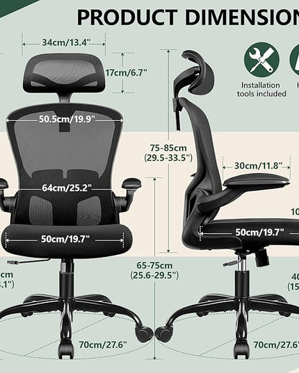 FelixKing Office Chair Ergonomic Desk Chair with Headrest, High Back Computer Chair with Adjustable Lumbar Support and Wheels,Executive Swivel Comfy Chair with flip-up Armrests for Home Office - LeafyLoom