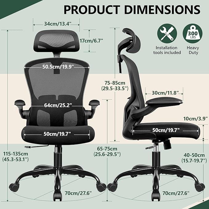 FelixKing Office Chair Ergonomic Desk Chair with Headrest, High Back Computer Chair with Adjustable Lumbar Support and Wheels,Executive Swivel Comfy Chair with flip-up Armrests for Home Office - LeafyLoom