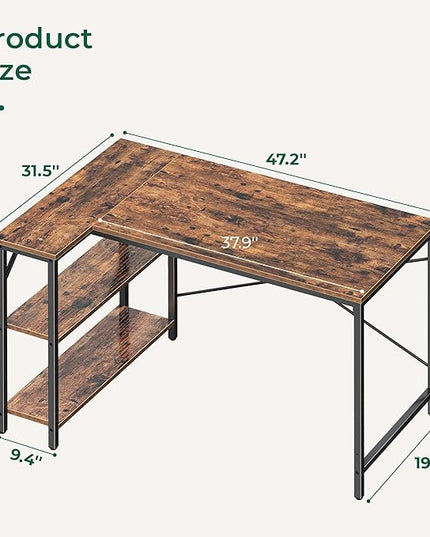L Shaped Computer Desk with Reversible Storage Shelves, Gaming Corner Desk for Home Office, Writing Study Desk with Metal Frame, Rustic Brown - LeafyLoom