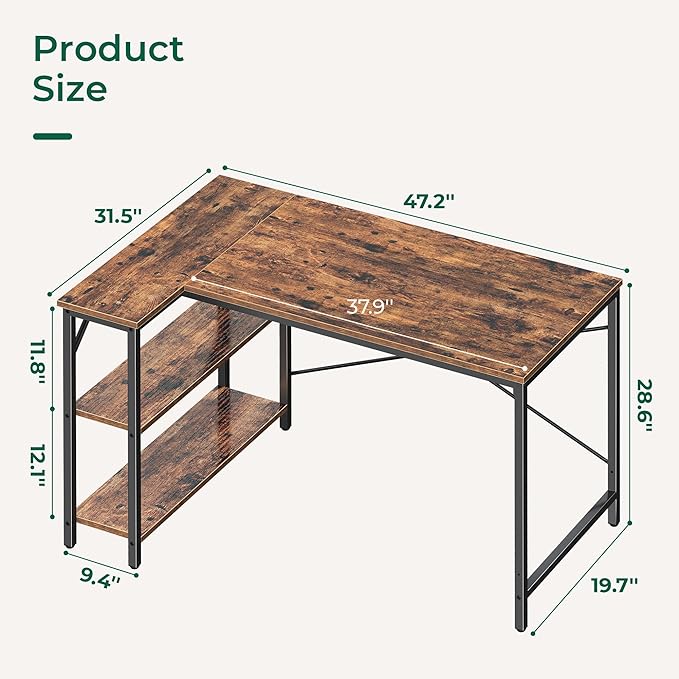 L Shaped Computer Desk with Reversible Storage Shelves, Gaming Corner Desk for Home Office, Writing Study Desk with Metal Frame, Rustic Brown - LeafyLoom
