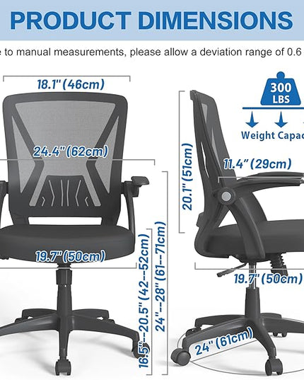 KOLLIEE Mid Back Mesh Office Chair Ergonomic Swivel Black Mesh Computer Chair Flip Up Arms with Lumbar Support Adjustable Height Task Chair - LeafyLoom