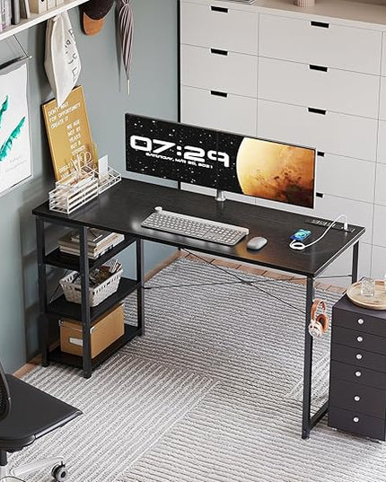 AODK Laptop Desk Office Desk, 48 Inch Computer Desk with Power Outlet and USB & Type-C Charging Port, Writing Desk with 3-Tier Reversible Storage Shelf for Home Office, 48'' x 16'', Black - LeafyLoom