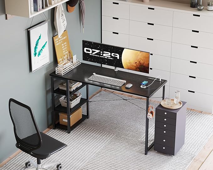 AODK Laptop Desk Office Desk, 48 Inch Computer Desk with Power Outlet and USB & Type-C Charging Port, Writing Desk with 3-Tier Reversible Storage Shelf for Home Office, 48'' x 16'', Black - LeafyLoom