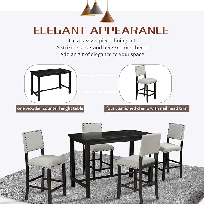 Kitchen 5-Piece Counter Height Dining Set, Classic Elegant Table and 4 Chairs in Espresso and Beige - LeafyLoom