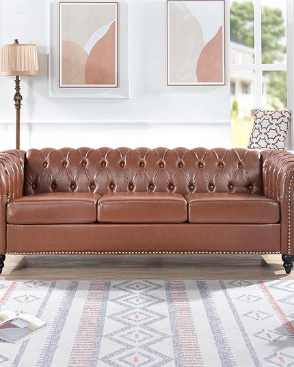3-Seaters Living Room Clasic Chesterfield Sofa Couch Button Tufted PU Leather Upholstered Sofa&Couch with Luxury Roller Armrest Soild Wood Legs Movable Cushions & Nailhead Decor - LeafyLoom