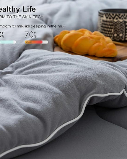 COTTEBED Ultra-Soft Warm Comforter Set Queen/Full Size Bed, Thick Milk Cup Breathable Fluffy Bedding Down Alternative & Pillowcase for Man Women Girl Winter Dark Grey - LeafyLoom
