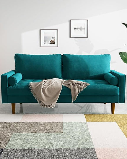 Velvet Furniture for Small Spaces, Mid-Century Modern Loveseats for Living Room, Love Seat Couch Sofas, 70 Inches, Teal Blue - LeafyLoom