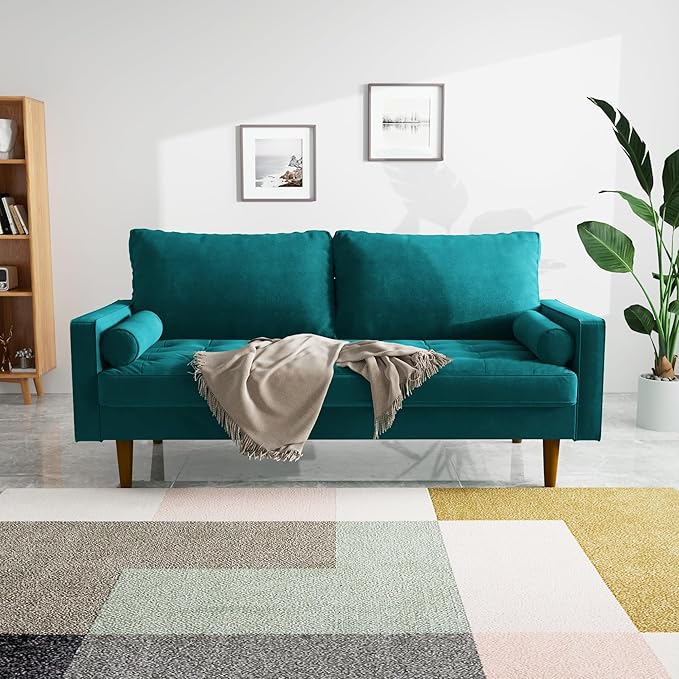 Velvet Furniture for Small Spaces, Mid-Century Modern Loveseats for Living Room, Love Seat Couch Sofas, 70 Inches, Teal Blue - LeafyLoom