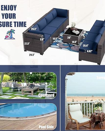 Patio Furniture Set 9-Pieces Outdoor Furniture for Backyard Wicker Sectional Sofa Set, Rattan Patio Conversation Set with Thickened Cushions and Glass Coffee Table, Navy Blue - LeafyLoom
